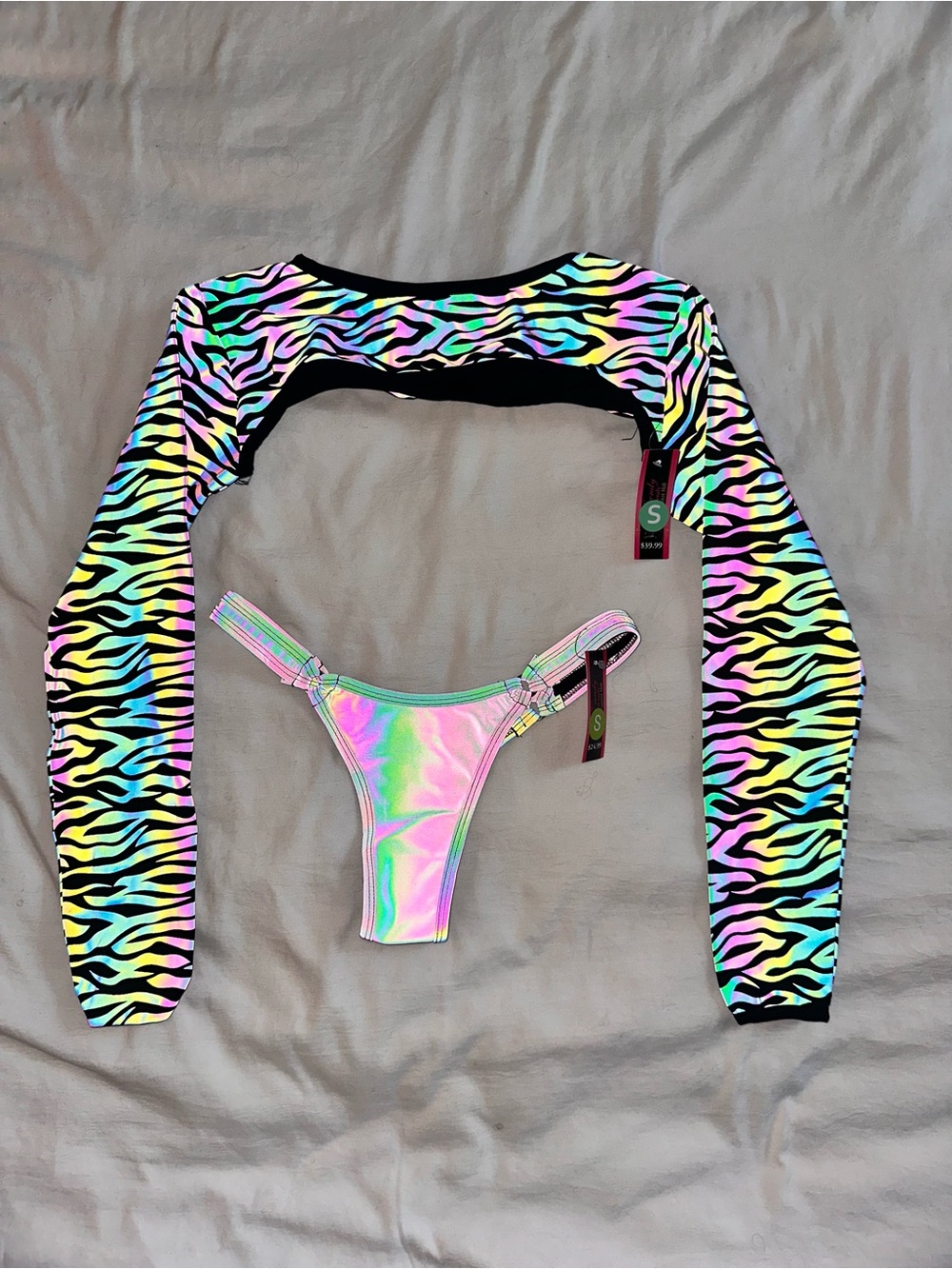 Roma Holographic Bikini Bottom & Zebra Long Sleeve Top Set
